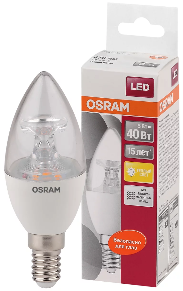 Лампа светодиодная Е14 OSRAM LED Star B, 470лм, 5Вт, 2700К, теплый свет, свеча, прозрачная