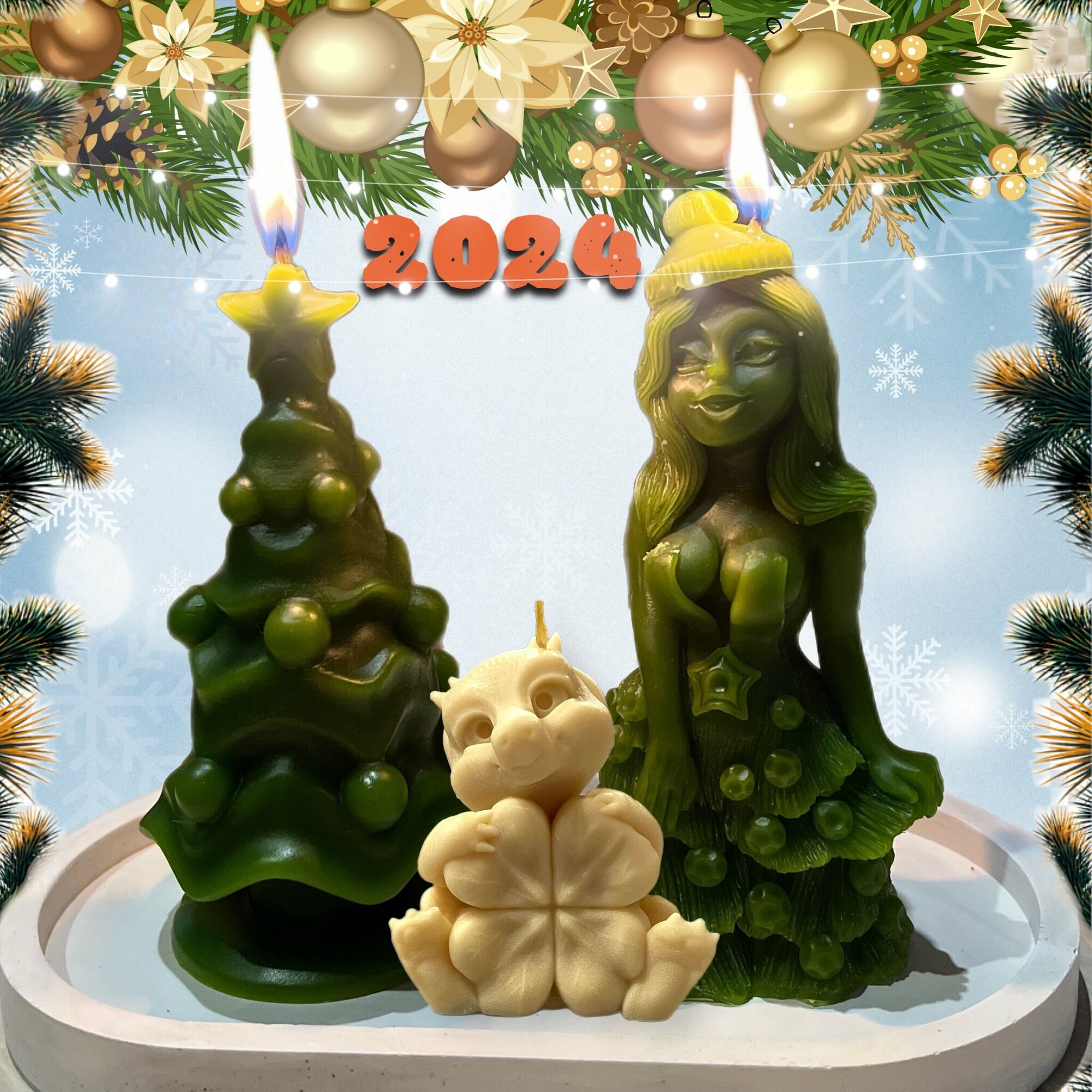 Свеча фигурная "Дракон, Елка и Снегурочка", Символ 2024 года, 3 шт, цвет: Белый и Зеленый