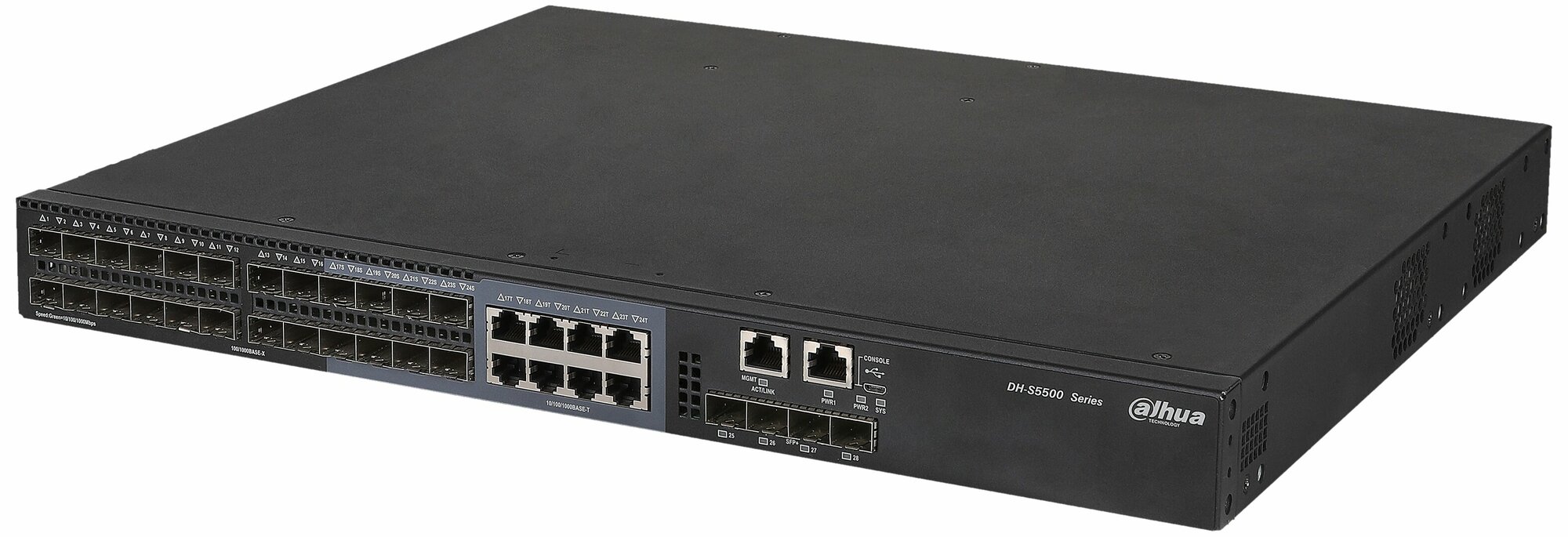 Сетевое оборудование DAHUA 28-портовый управляемый коммутатор, уровень L2+Порты: 16 SFP 1000Мбит/с, 8 комбинированных SFP/RJ45 1000Мбит/с, 4 SFP+ 10Гбит/с (uplink), питание: 100~240В(AC), грозозащита: до 2кВ (DH-S5500-24GF4XF-E)
