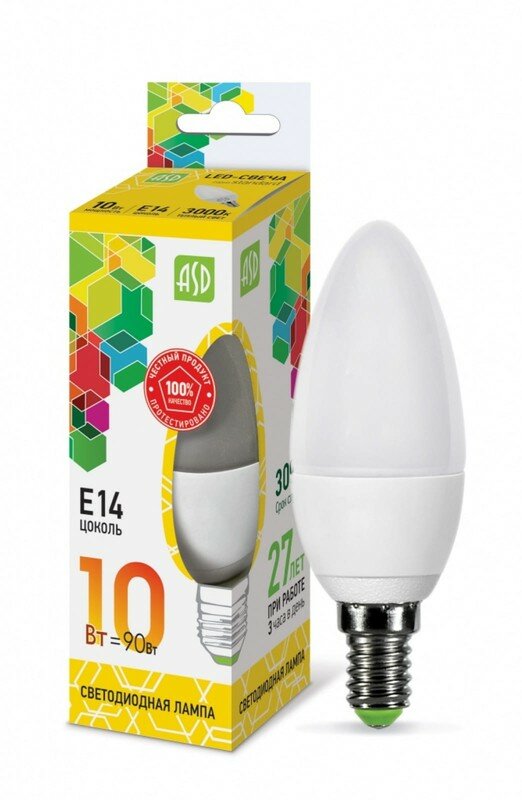 Лампа LED C 10Вт E14 220V 3000K 900Лм ASD 4690612015507