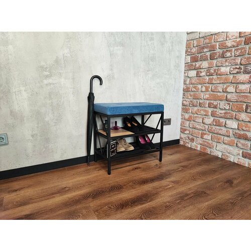 Обувница с мягкой сидушкой из массива дерева и металла, Этажерка для обуви в стиле Лофт лаконичного и современного дизайна. 60*34*50см