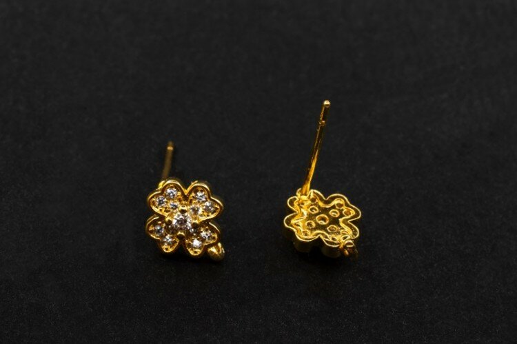 Гвоздики основы для серег Цветочек 8х14х0,6мм, отверстие 1мм, цвет золото, латунь/цирконий, 21-238, 1 пара