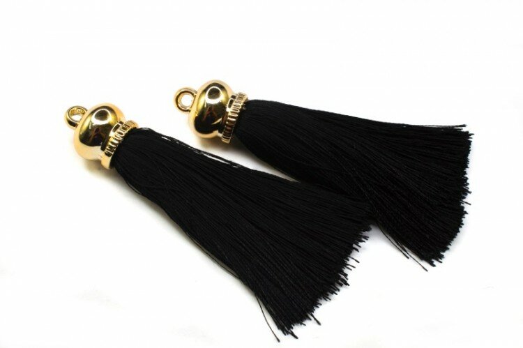 Кисточки декоративные около 70х15мм, отверстие 3мм, цвет черный/золото, полиэстер/пластик, 58-032, 1 пара