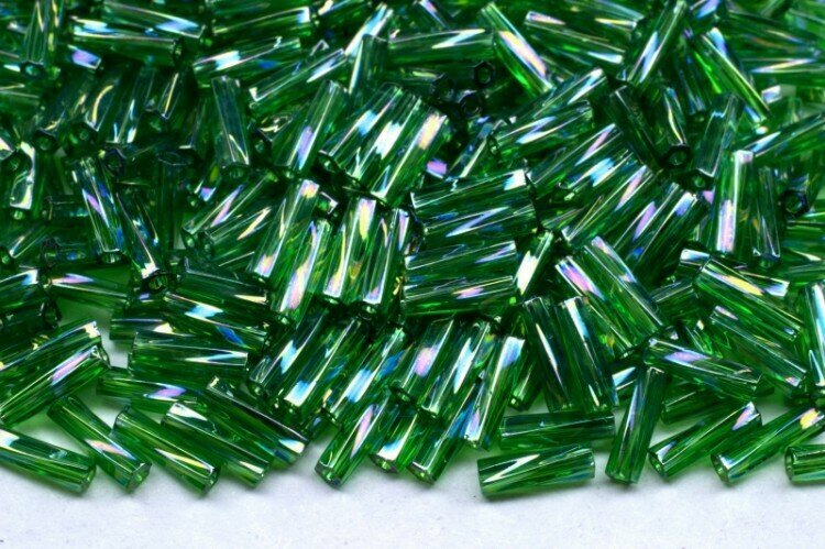 Бисер японский Miyuki Twisted Bugle 2х6мм #0179 зеленый, радужный прозрачный, 10 грамм