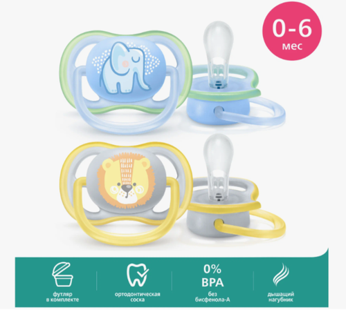 Пустышка силиконовая ортодонтическая Philips AVENT ultra air SCF085-05 0-6 м, 2 шт, голубой/желтый