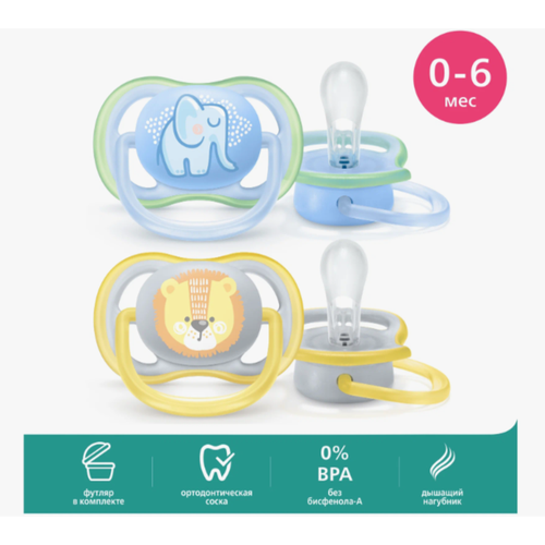 Пустышка силиконовая ортодонтическая Philips AVENT ultra air SCF085-05 0-6 м, 2 шт, голубой/желтый