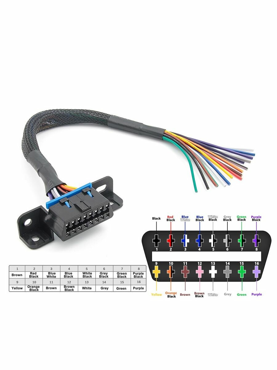 Разъем OBD-2 мама 16 pin с проводами 30см