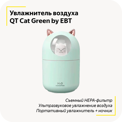 Портативный увлажнитель воздуха QT Cat 2в1 / Ночник с LED подсветкой / Ультразвуковой увлажнитель / (Green)