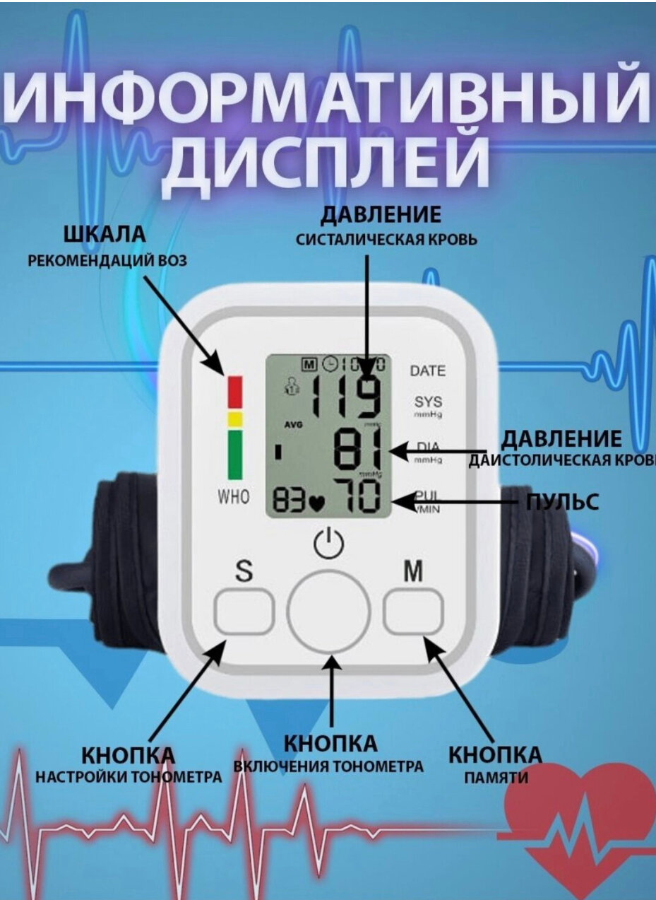 Электронный тонометр автоматический для измерения давления / Цифровой плечевой тонометр с индикатором аритмии/ Тонометр на плечо