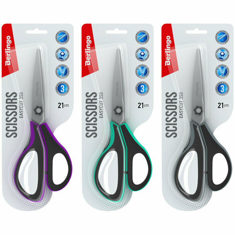 Ножницы Berlingo "Easycut 350", 21см, ассорти, эргономичные ручки, мягкие вставки, европодвес, 326342