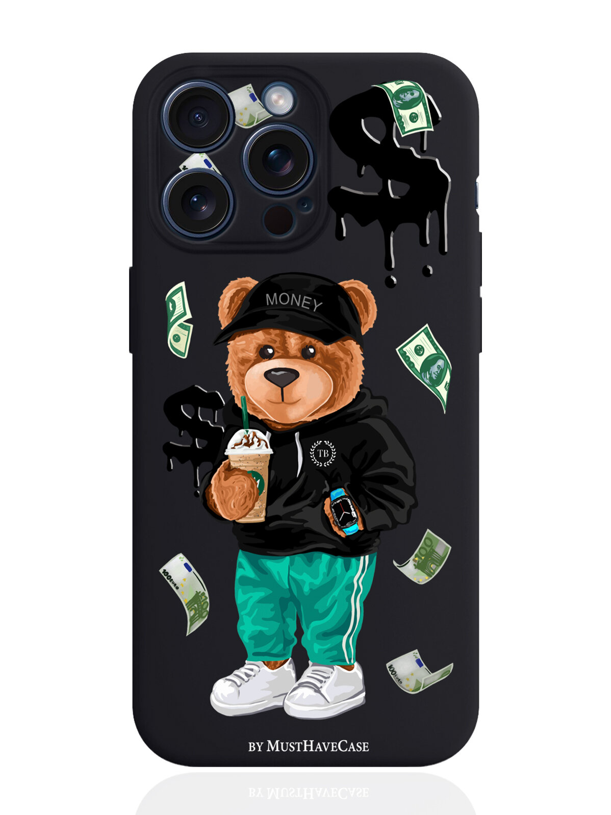Чехол для смартфона iPhone 15 Pro Max черный силиконовый Tony Bear/ Мишка Тони