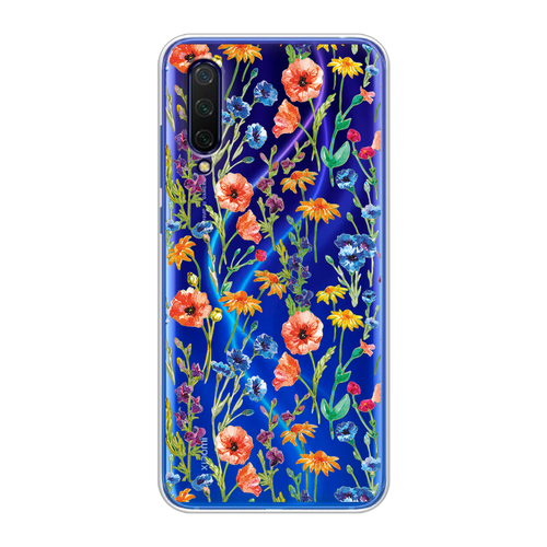 Силиконовый чехол на Xiaomi Mi A3 Lite / Сяоми Ми А3 Лайт Маки и васильки фон, прозрачный