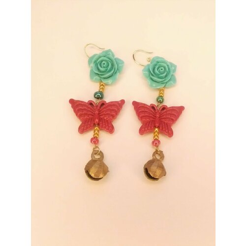 Серьги  розы и бабочки, бижутерный сплав, ручная работа, красный, зеленый