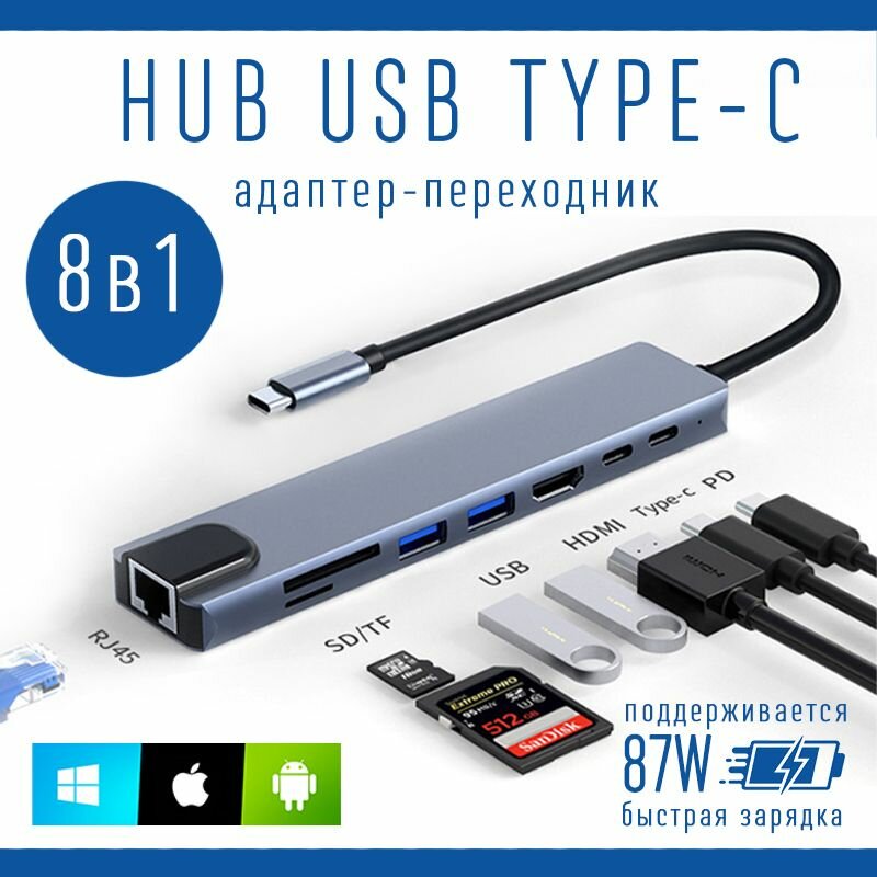 Hub USB type C 8 in 1 / Переходник HDMI 4K RJ45 MicroSD USBx2 TypeC Power Delivery 87W / Разветвитель хаб 30 8 в 1