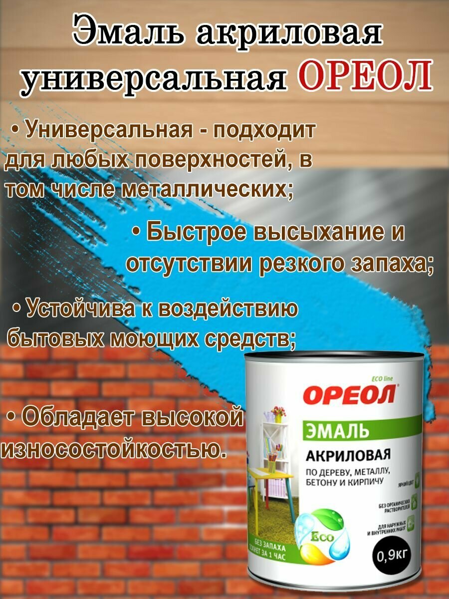 Эмаль акриловая универсальная Ореол Голубая Глянцевая 0,9кг, быстросохнущая, без запаха; краска по дереву, металлу, бетону, кирпичу