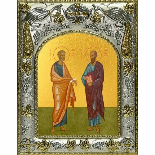 Икона Петр и Павел апостолы 14x18 в серебряном окладе, арт вк-3457