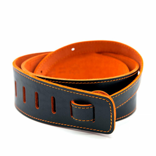 FioGe 363-06-13 Jazz Ремень для гитары из натуральной кожи черный с оранжевой бахтармой, длина 100-138 см