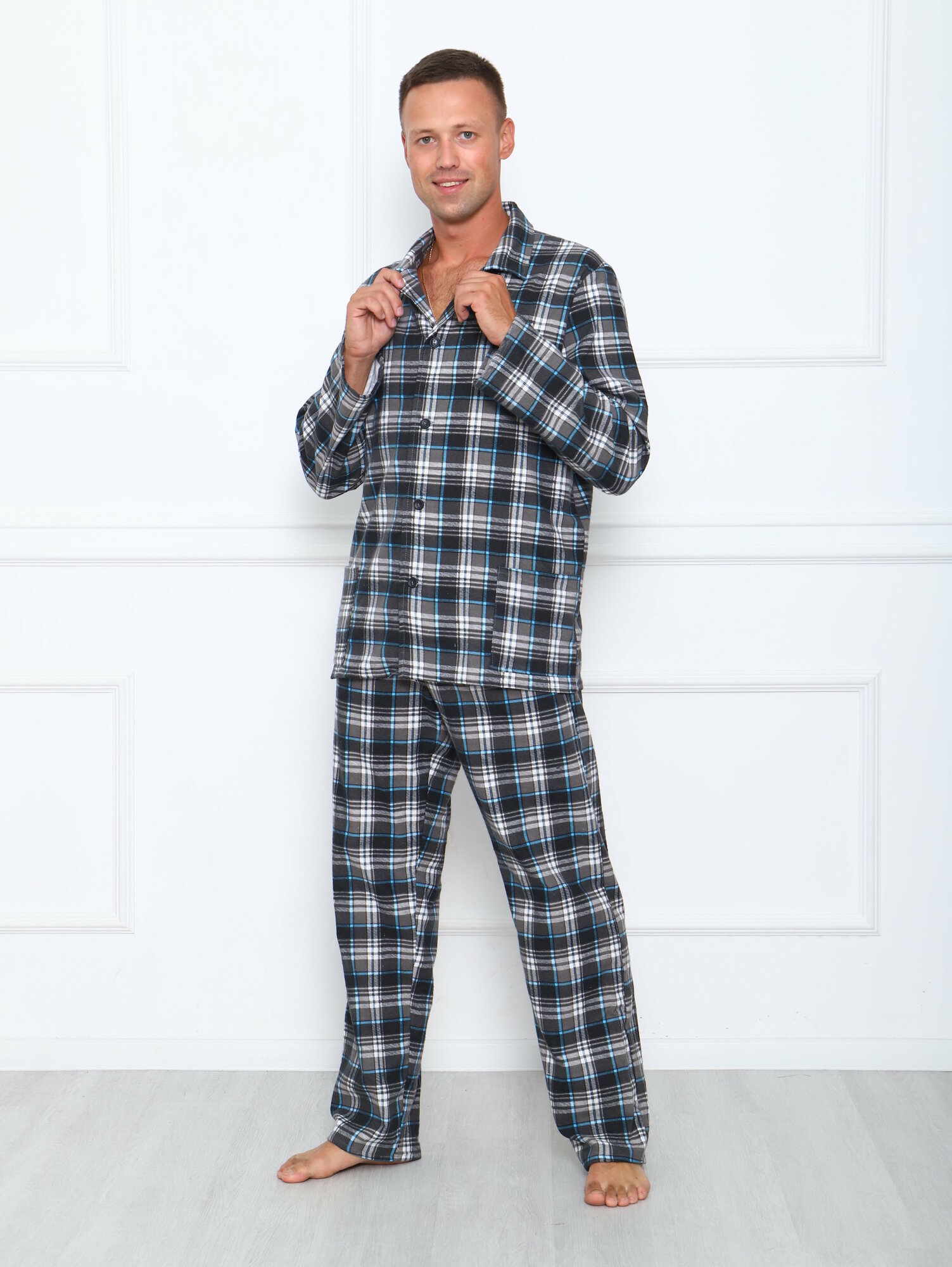 Пижама мужская в клетку из фланели,цвет серый-52 - фотография № 3