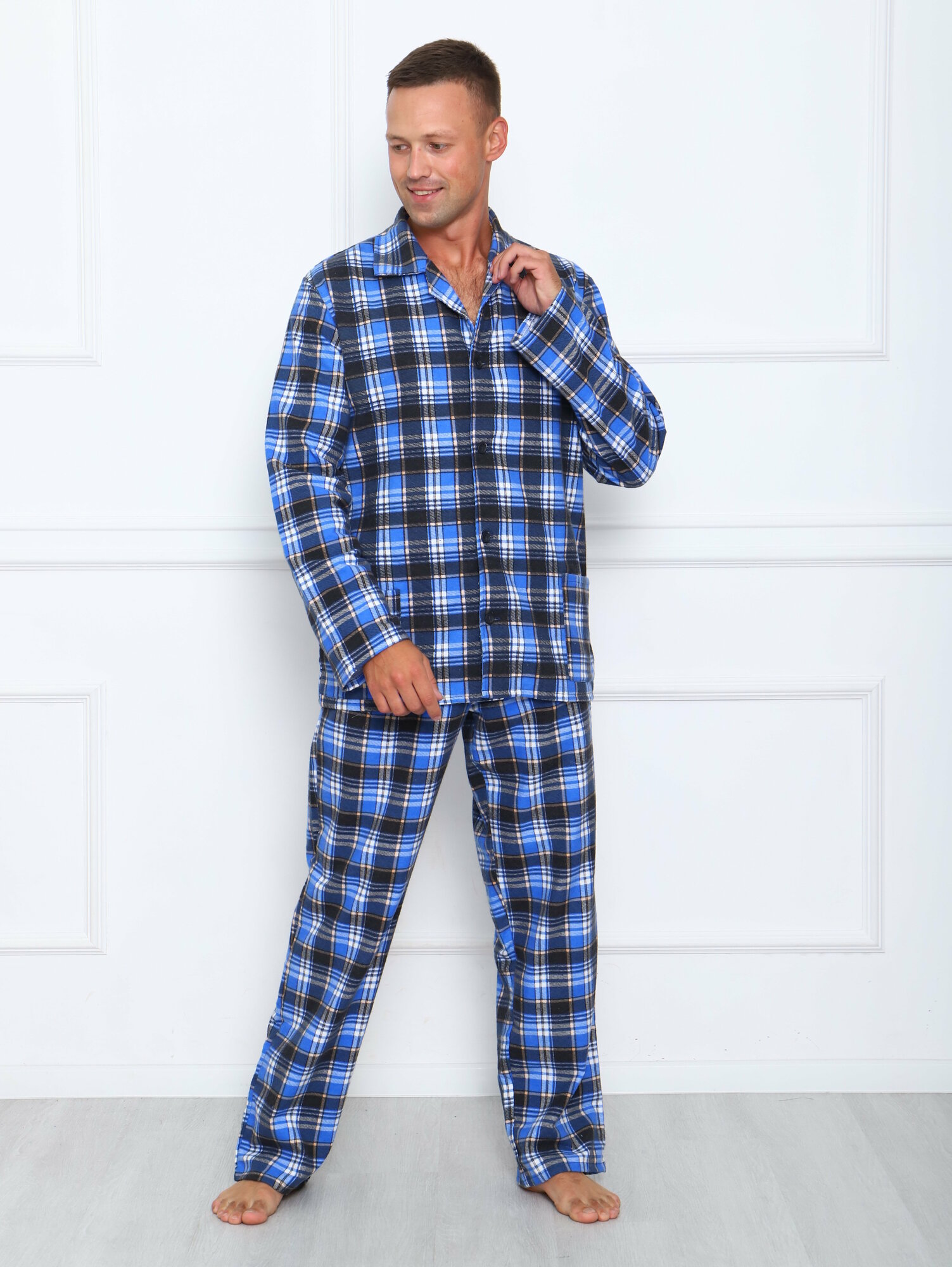 Пижама мужская в клетку из фланели,цвет голубой-60 - фотография № 8