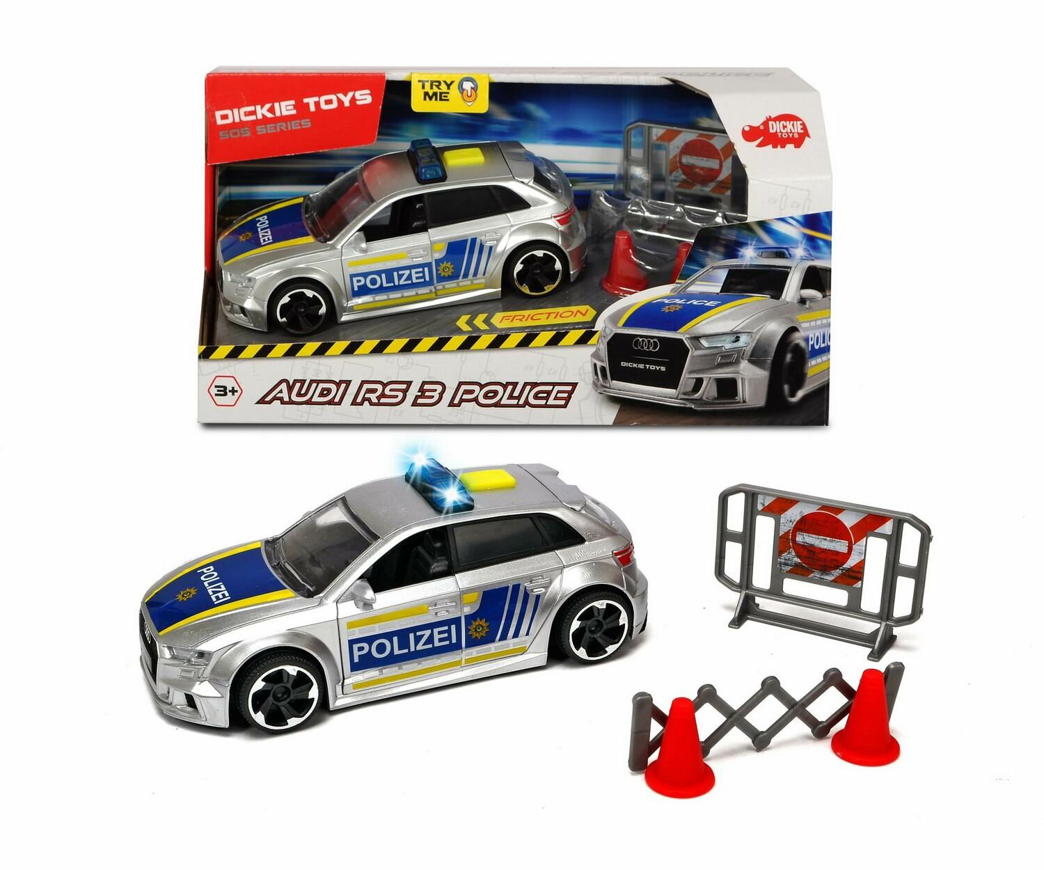 Полицейская машинка DICKIE Audi RS3 с аксессуарами светом и звуком фрикционная 15 см 3713011
