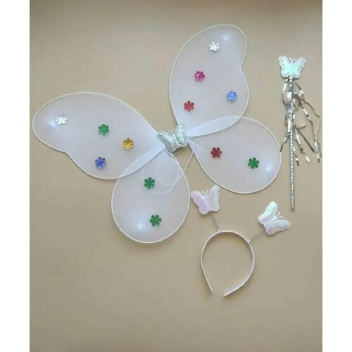 Карнавальный набор Фея Бабочка (крылья, ободок, палочка) цвет белый костюм феи клубничка 11465 128 см