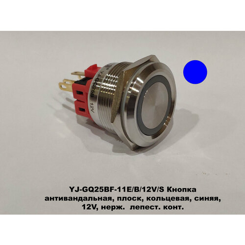 YJ-GQ25BF-11E/B/12V/S Кнопка антивандальная 25 мм, плоск, кольцевая, синяя, 12V, нерж. лепест. конт.