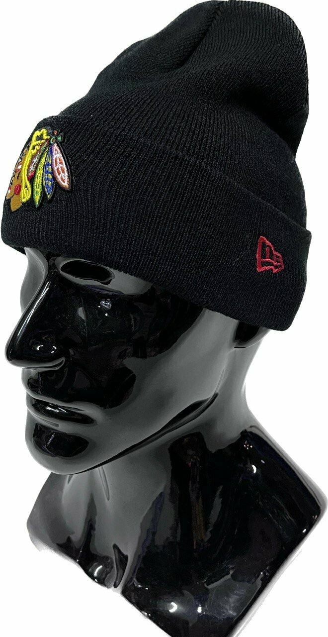 Шапка-бини Чикаго Блэкхокс Шапка хоккейного клуба CHICAGO BLACKHAWK черная для мужчин, размер one size, черный/оранжевый — фото 1