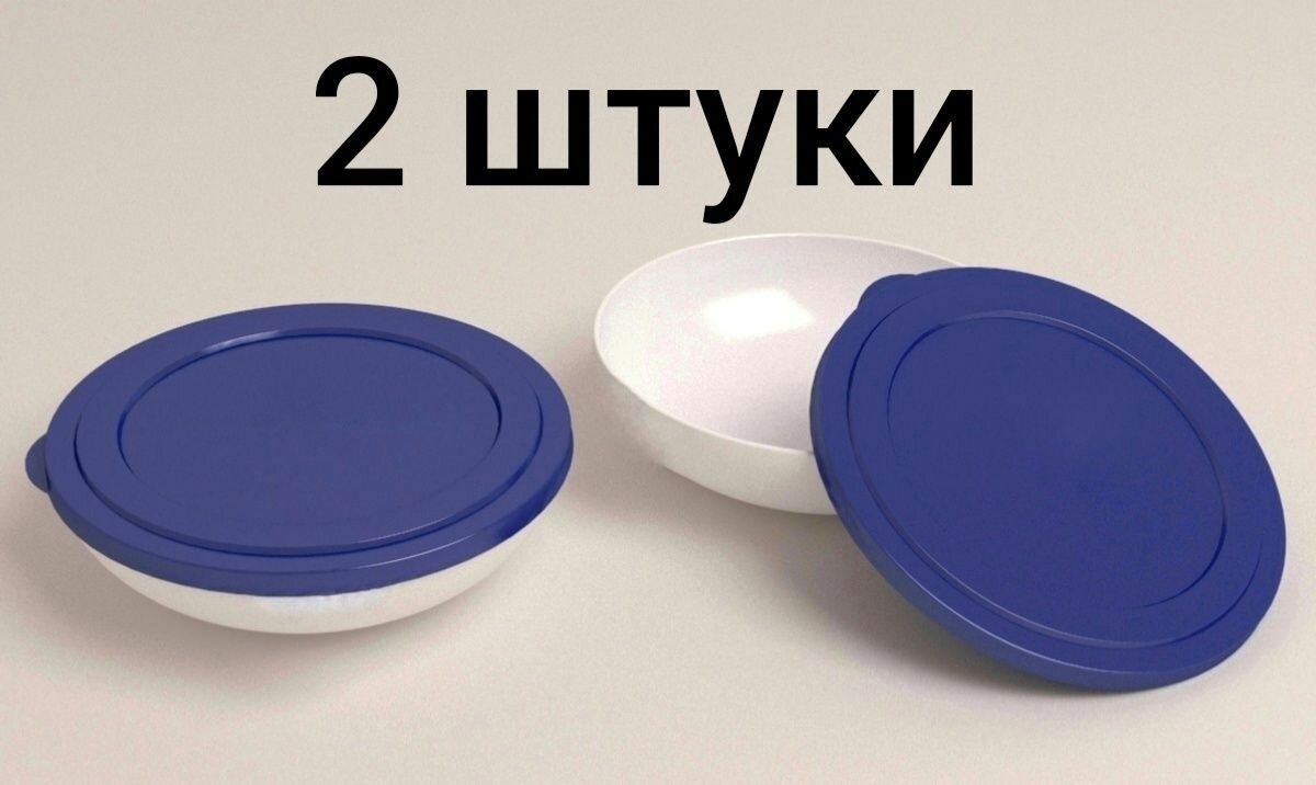 Тарелка с Крышкой (синей) для многоразового использования из Поликарбоната (плотного пластика) 600мл. (белая, 2 штуки) - фотография № 1