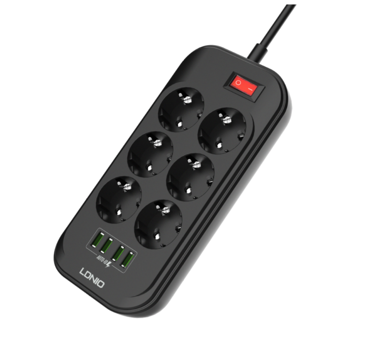 LDNIO SE6403/ Сетевой удлинитель 2м + ЗУ на 4 USB/ 6 розеток (медь) - 2500W/ USB - 17W/ Black&Gray — фото 1
