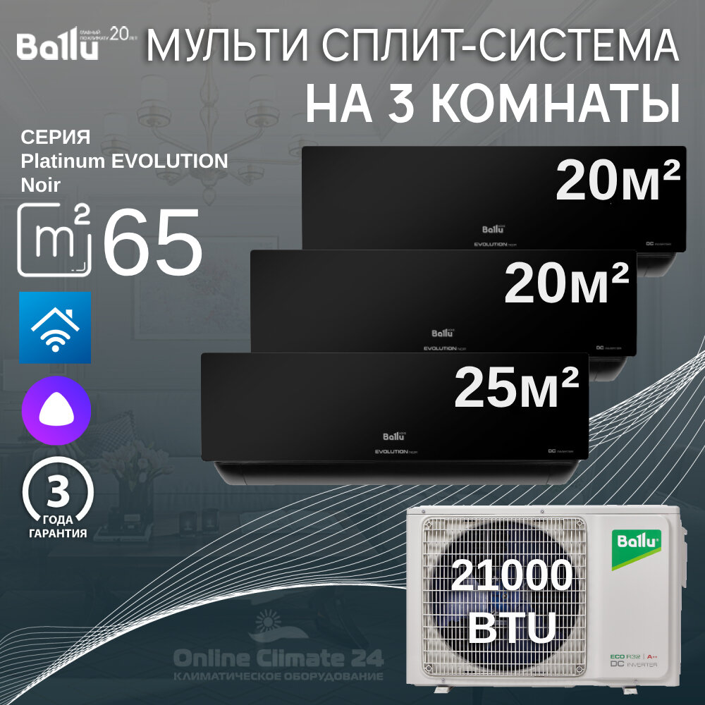 Инверторная мульти сплит-система BALLU на 3 комнаты (20 м2 + 20 м2 + 25 м2) BA3OI-FM/out-21HN8/EU+2*BSUI-FM/in-09HN8/EU_BL+BSUI-FM/in-09HN8/EU_BL, черный