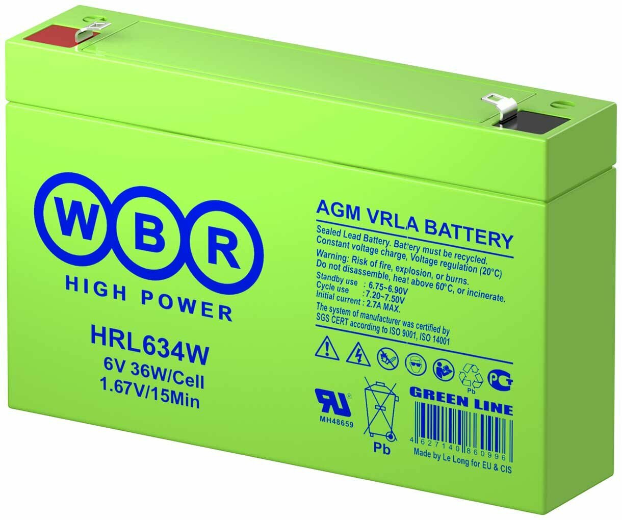 Аккумуляторная батарея для ИБП WBR HRL634W (6В, 9Ач, клемма F2)
