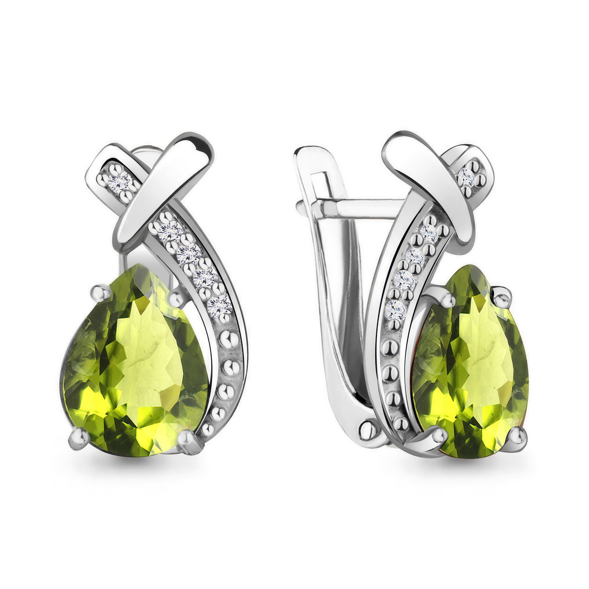 Серьги Diamant online, серебро, 925 проба, родирование, хризолит, фианит, длина 1.4 см, , темно-зеленый