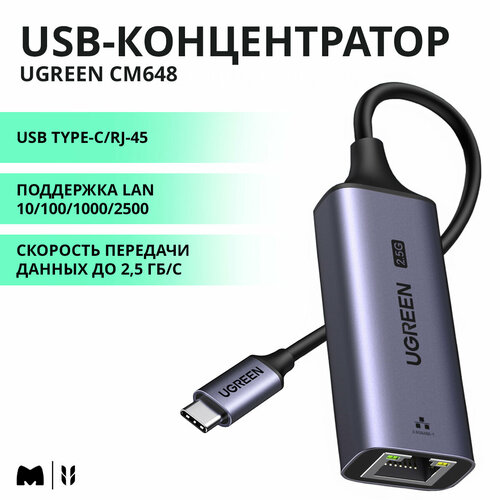 USB-концентратор UGREEN CM648 USB-C 31 to RJ45 25G Ethernet цвет серый 25052 3490₽