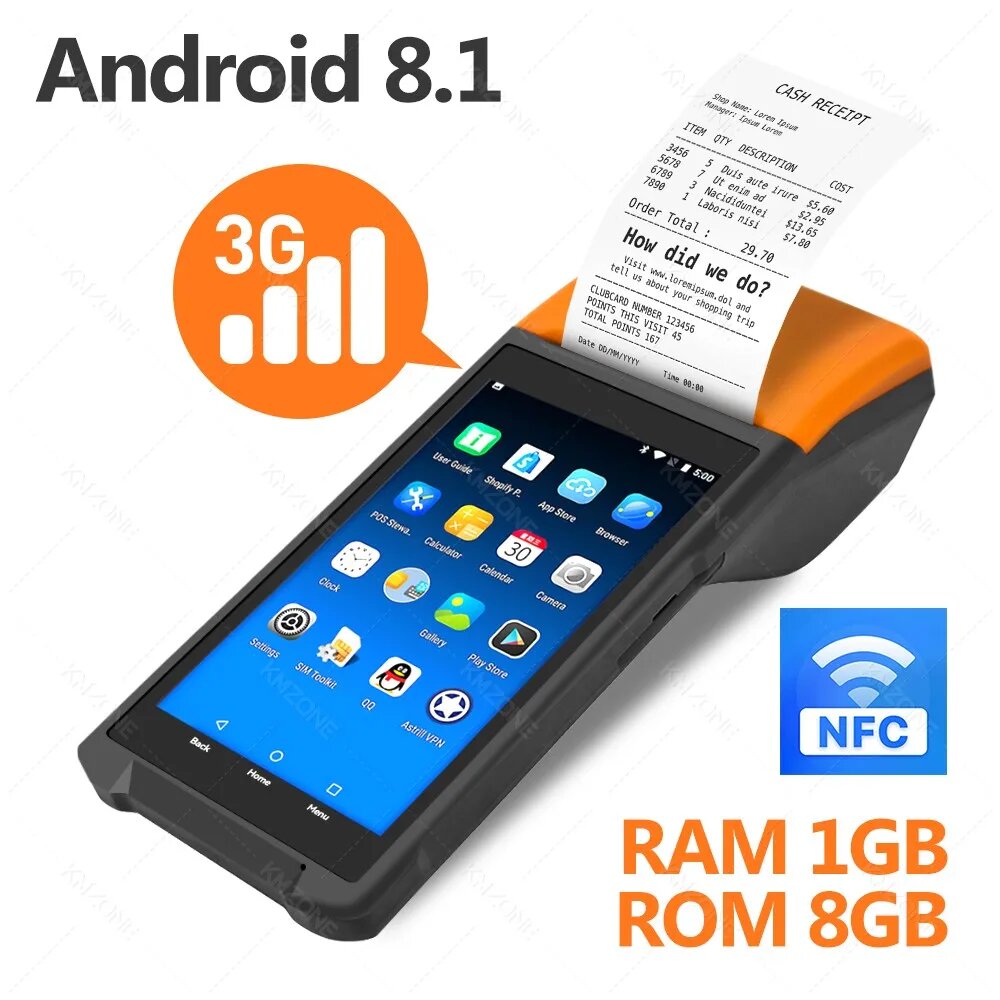 Android 8.1/13/14 КПК Терминал POS-машина 5,0 "сенсорный экран Встроенный 58 мм Bluetooth термопринтер чеков Поддержка Wi-Fi GPS, вилка ЕС, 1G8G NFC