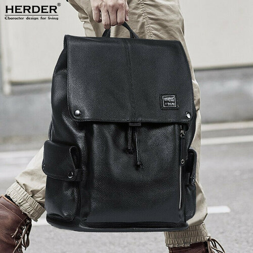 Рюкзак herder, Backpack Top-Grain Leather Business Large Capacity Trendy Ca, большая вместимость, для путешествий, многофункциональный, городской, повседневный, школьный, деловой, кожаный, для мужчин, черный