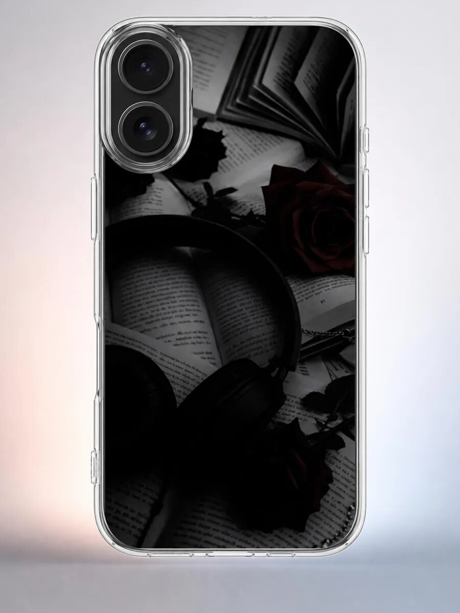 Чехол iPhone 16 Розы и наушники силиконовый прозрачный