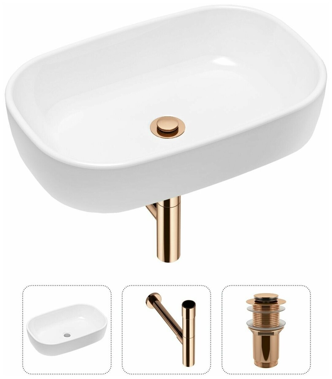 Накладная раковина в ванную Lavinia Boho Bathroom Sink 21520031 в комплекте 3 в 1: умывальник белый, донный клапан и сифон в цвете розовое золото