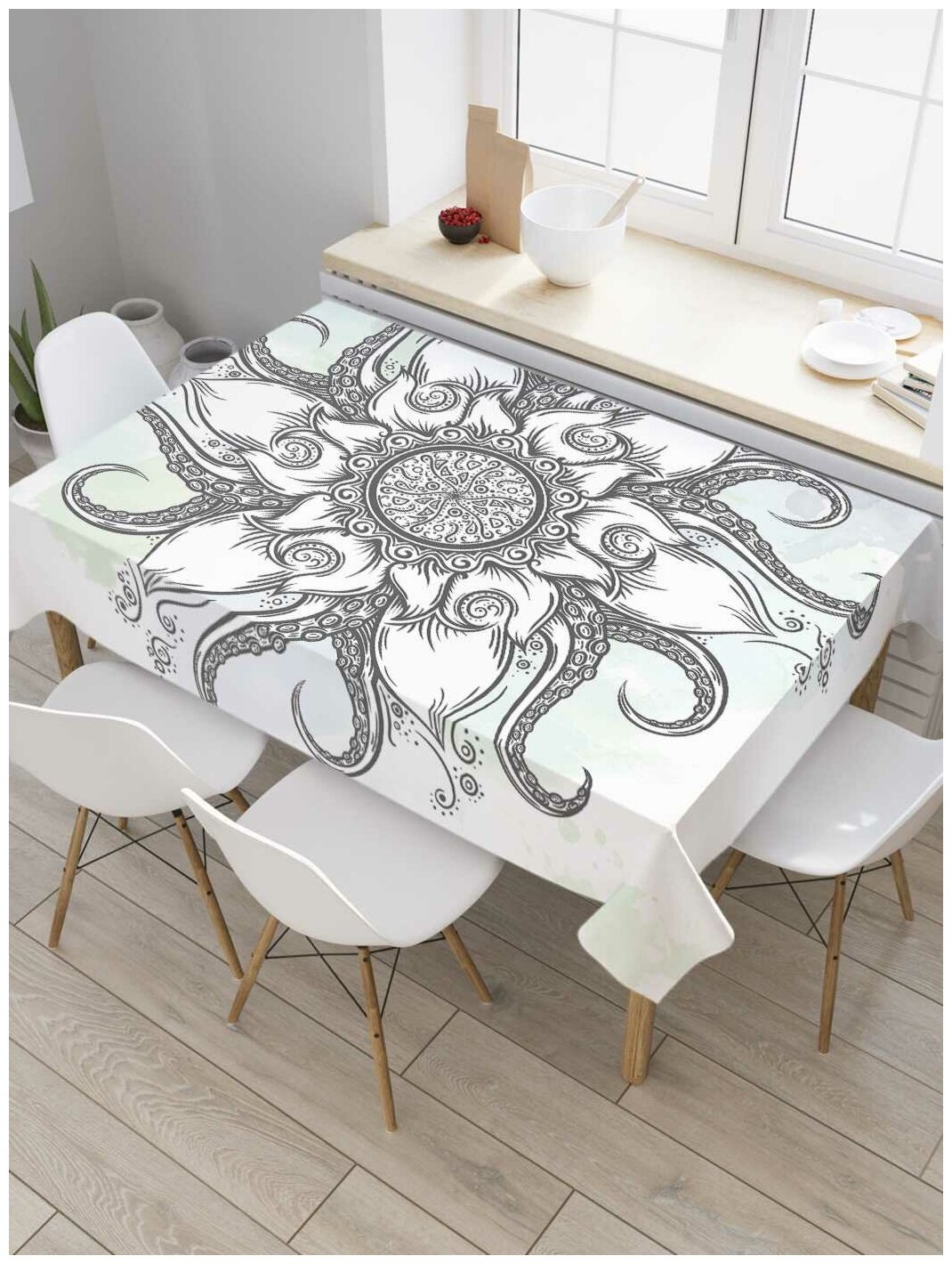 Скатерть прямоугольная JoyArty на кухонный стол "Цветок со щупальцами" из оксфорда, 120x145 см