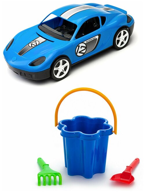 Игрушки для песочницы для снега Игрушка Детский автомобиль (Молния) синий + Набор Цветок 3 элемента