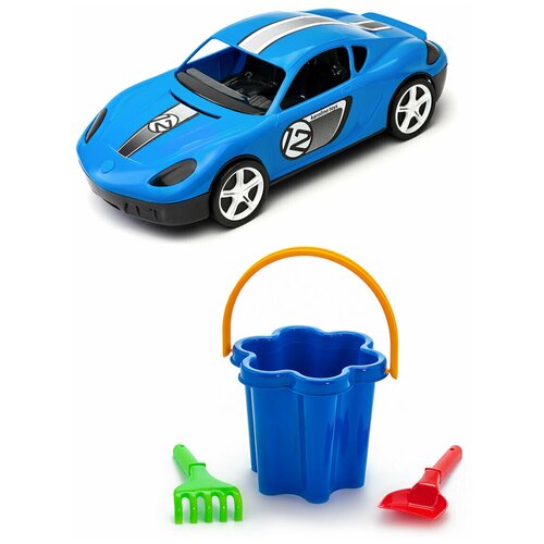 фото Игрушки для песочницы для снега игрушка детский автомобиль (молния) синий + набор цветок 3 элемента karolina toys