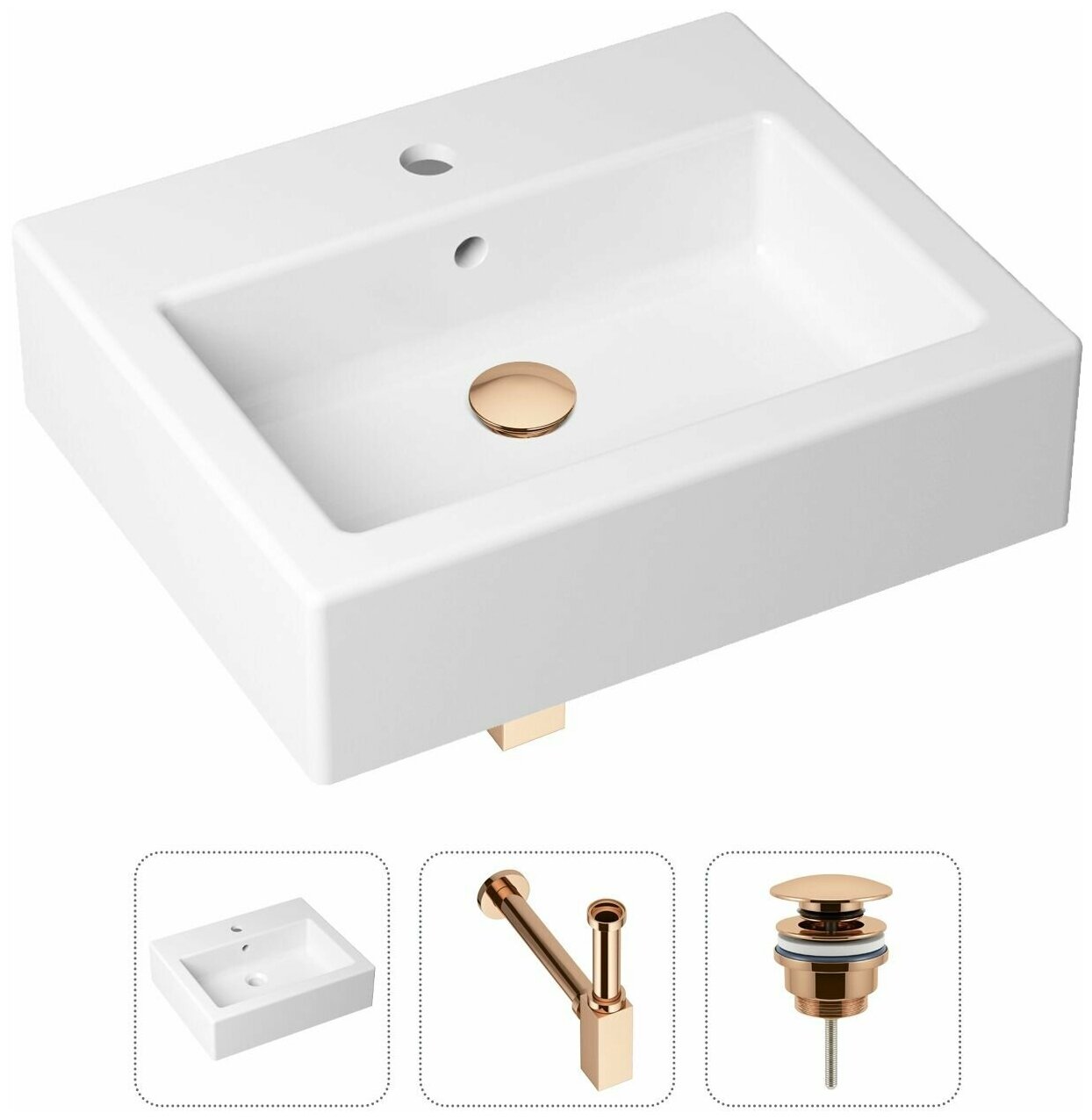 Накладная раковина в ванную Lavinia Boho Bathroom Sink 21520671 в комплекте 3 в 1: умывальник белый, донный клапан и сифон в цвете розовое золото
