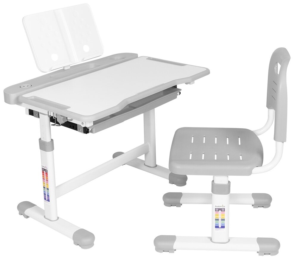 Комплект Anatomica Vitera парта + стул + выдвижной ящик + подставка белый/серый - фотография № 1