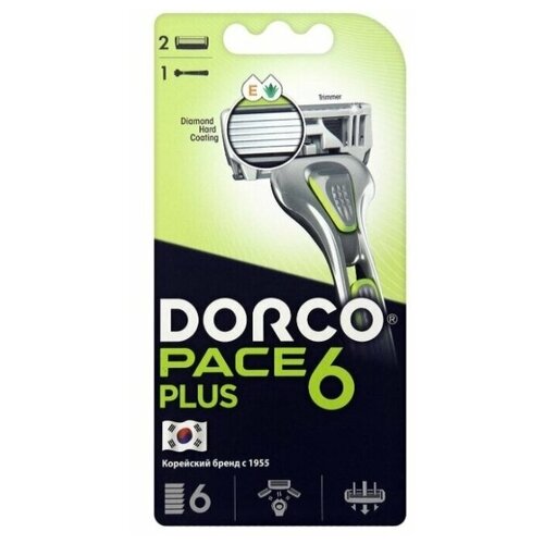 фото Бритвенный станок dorco pace6 plus (1 станок, 2 кассеты), 6 лезвий + лезвие- триммер, плав. головка, крепление pace