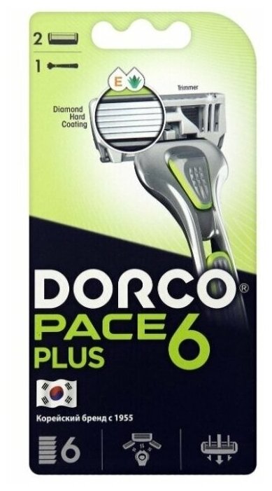 Бритвенный станок Dorco PACE6 Plus (1 станок, 2 кассеты), 6 лезвий + лезвие-триммер, плав. головка, крепление PACE