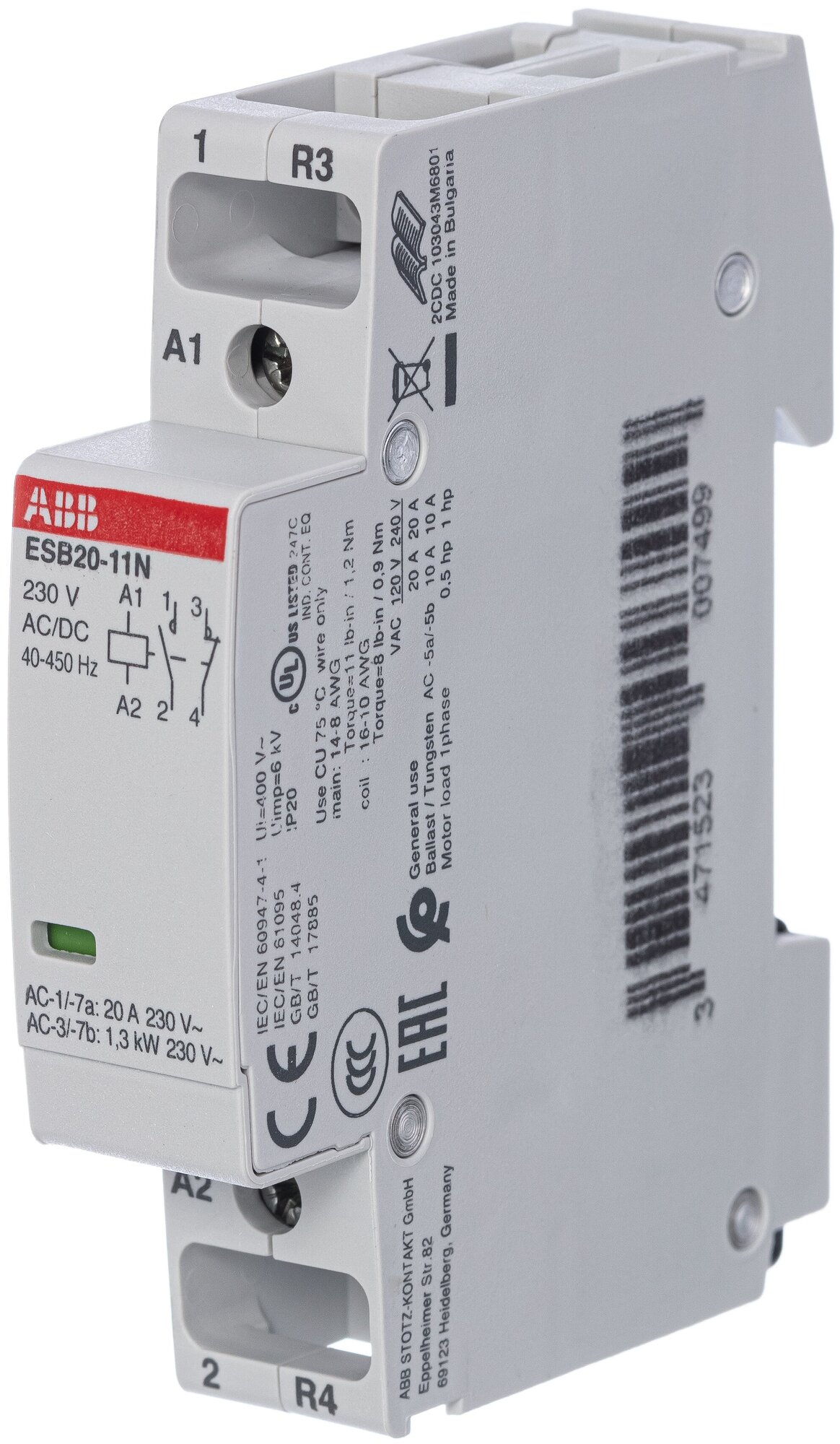 ESB20-11N-06 Контактор модульный (20А АС-1, 1НО+1НЗ), 230В AC/DC ABB, 1SBE121111R0611 - фотография № 1