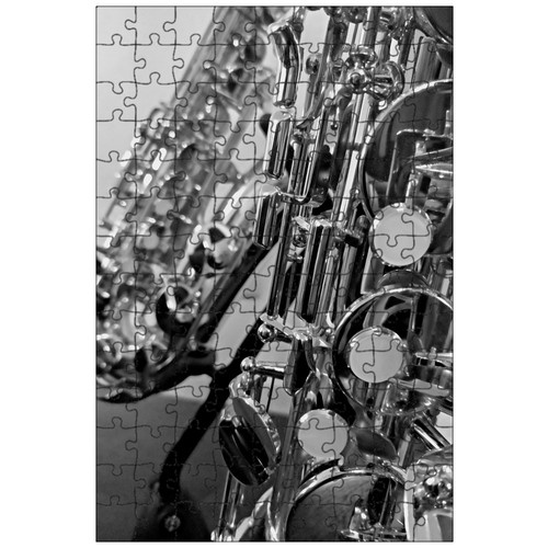 фото Магнитный пазл 27x18см."саксофон, музыкальный инструмент, черно- белый" на холодильник lotsprints