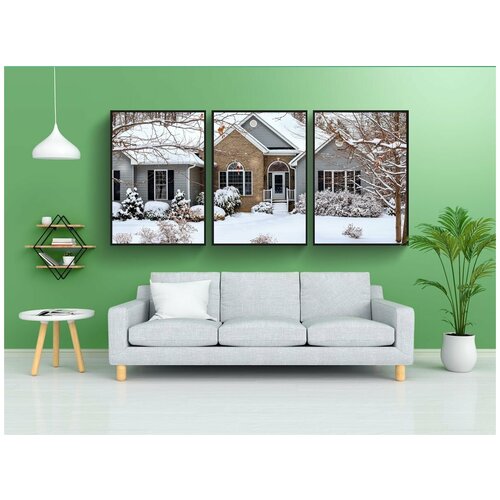 фото Набор модулных постеров для интерьера "зима, снега, дом" 60x90 см. в тубусе, без рамки lotsprints