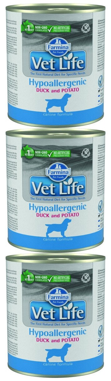 Farmina 3 шт по 300г Vet Life Dog Hypoallergenic корм для собак, страдающих пищевой аллергией