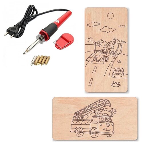 фото Выжигание по дереву / набор для творчества / выжигатель + заготовка-трафарет «машины» kidsgold 