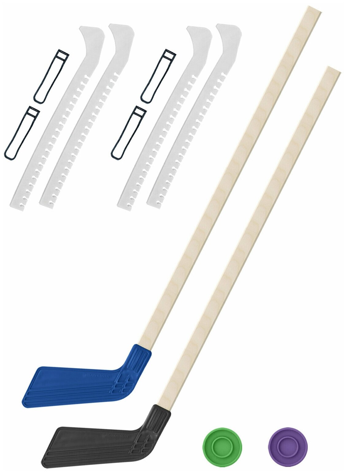 Детский хоккейный набор для игр на улице Клюшка хоккейная детская 2 шт синяя и чёрная 80 см.+2 шайбы + Чехлы для коньков белые - 2 шт. Винтер
